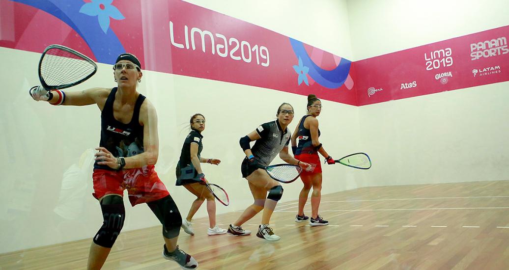Rhonda Rajsch from the USA competes against Paola Longoria and Samantha Salas from Mexico in the Lima 2019 women’s team racquetball semifinal at the Callao Regional Sports Village