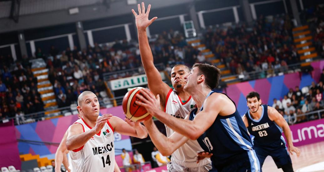 Maximo Fjellerup from Argentina fights for the ball in the basketball match against Mexico during the Lima 2019 competition