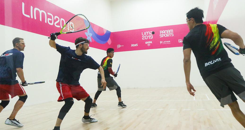American athletes R. O. Carson III and Pratt Charles compete against Bolivian Conrado Moscoso and Roland Keler in the Lima 2019 men’s team racquetball semifinals at the Callao Regional Sports Village