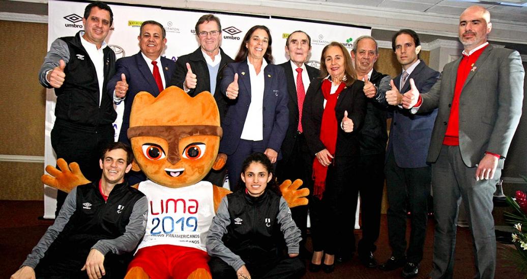 Milco, the Lima 2019 Games mascot, poses with important Peruvian sports and Para sports personalities at the presentation ceremony of the Peruvian delegation for the Lima 2019 Parapan American Games