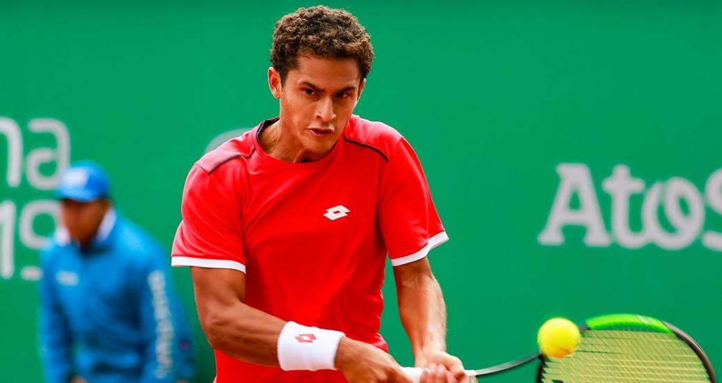 The Peruvian tennis player Juan Pablo Varillas competing against Argentina in the tennis semifinal, as part of the Lima 2019 sporting activities