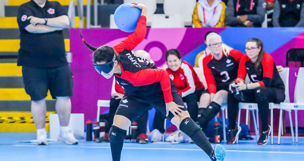 Roby Hammad, from Canada, controls the ball during the goalball match against Peru at the Lima 2019 Parapan American Games in the Callao Regional Sports Village