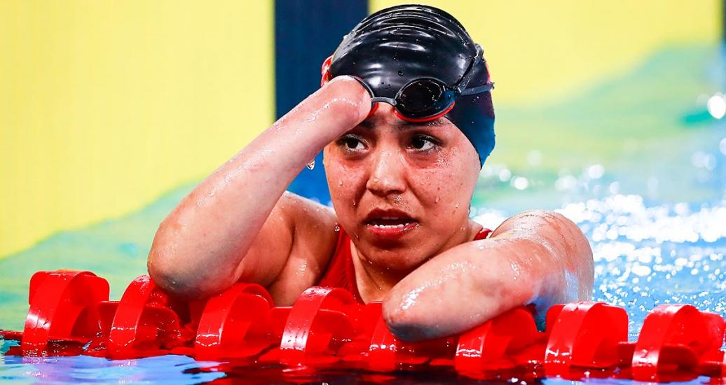 Renowned Peruvian Para swimmer Dunia Felices competing at the 50 m breaststroke S4 event at the National Sports Village – VIDENA, Lima 2019.