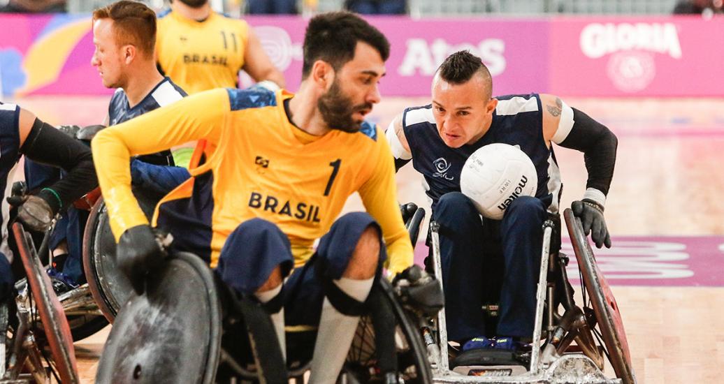 Colombian Cristian Amaya plays against Brazil in wheelchair rugby at Villa El Salvador Sports Center at the Lima 2019 Parapan American Games