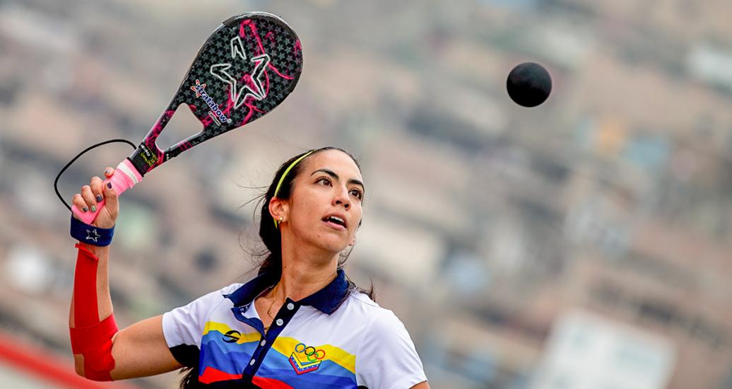 Venezuelan Diana Rangel Mora about to hit the ball during doubles fronton qualification at the Villa El Salvador Sports Center, at the Lima 2019 Pan American Games