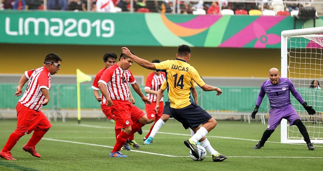 Brazilian and Peruvian football 7-a-side teams face off at the Villa María del Triunfo Sports Center during the Lima 2019 Parapan American Games