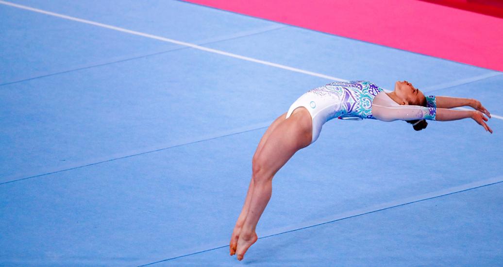 Argentinian Martina Dominici competing in the floor event final at the Villa El Salvador Sports Center