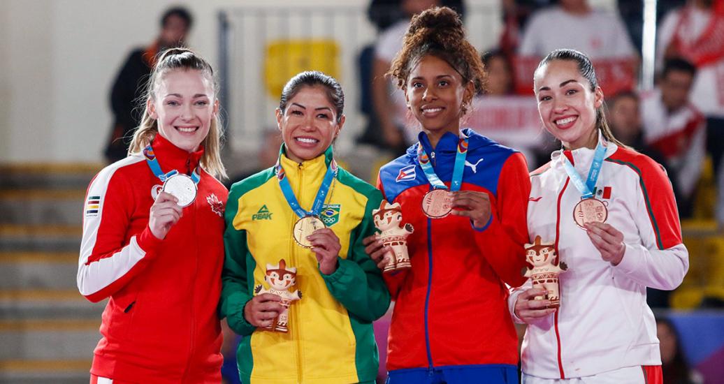 Kathryn Campbell, Valéria Kumikazi, Baurelys Torres and Paula Flores emerged as victors in the women’s kumite -55 kg final at Lima 2019, held at the Villa El Salvador Sports Center.