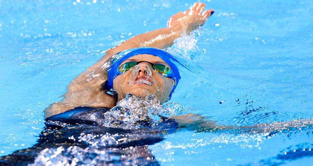 Brazilian María Gomes competes in the Para swimming 100 meter event of the Lima 2019 Parapan American Games at the National Sports Village – VIDENA