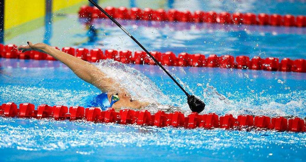 Brazilian Para athlete María Gomes wins the gold medal in the Lima 2019 Parapan American Games Para swimming backstroke competition