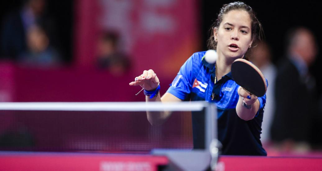 Daniela Fonseca from Cuba faces off Argentina in the Lima 2019 Games mixed doubles competition at the National Sports Village – VIDENA.