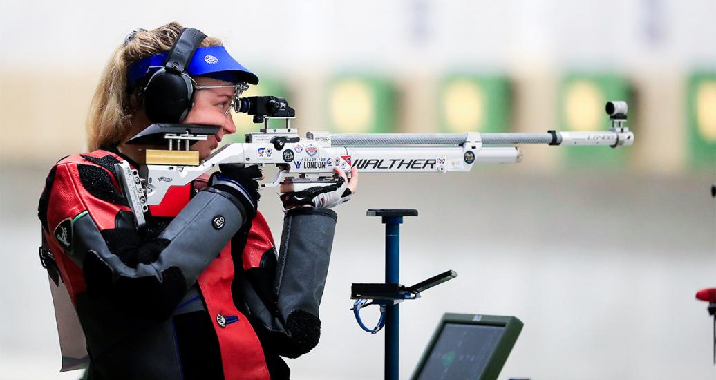 Alison Weisz from United States shows her talent in the women’s 10 m air rifle event of the Lima 2019 Pan American Games at Las Palmas Air Base.