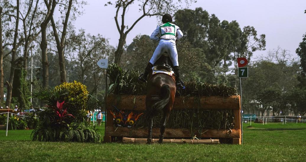 Alfredo Narvaez from Ecuador on his horse Que Loco during the Lima 2019 equestrian competition held at the Army Equestrian School