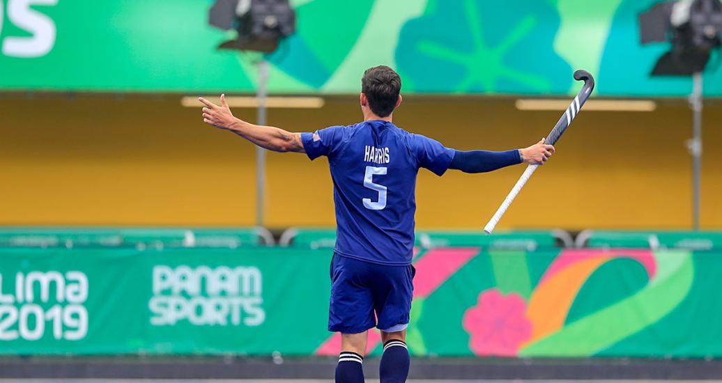 USA’s Patrick Harris celebrating goal against Mexico in the Lima 2019 hockey game held at the Villa María del Triunfo Sports Center