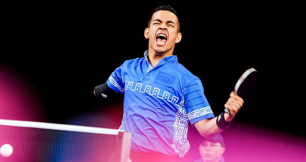 Melvin Muñoz (El Salvador) holding the racket while celebrating his victory at the Lima 2019 Parapan American Games